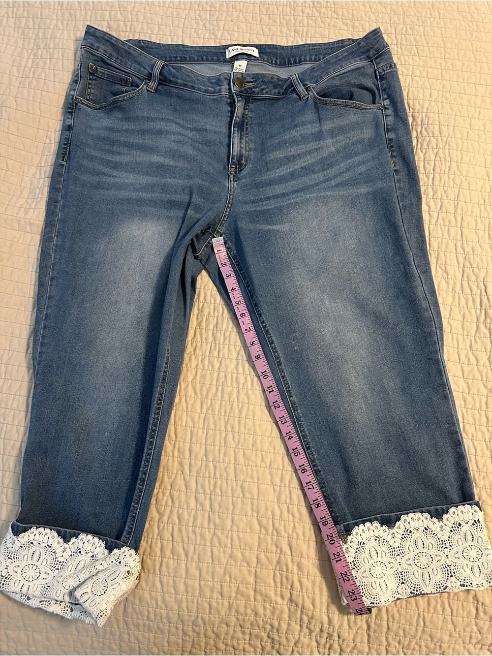 Lane Bryant Blue Cropped Jeans with White Lace Cuff